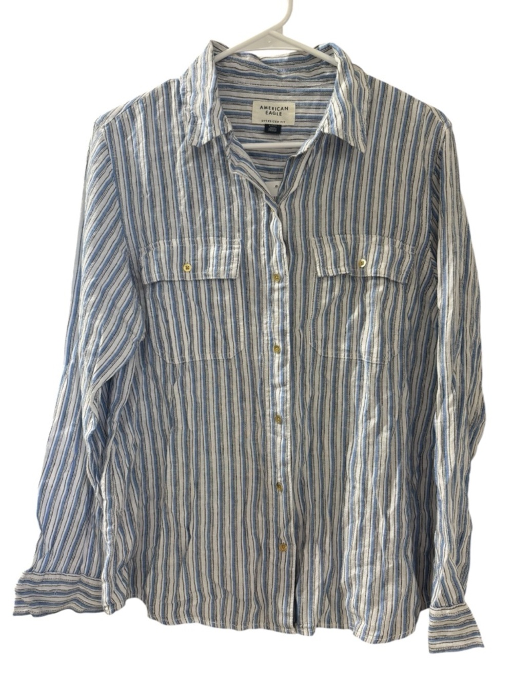 NWT American Eagle Oversized Fit White Blue Linen Stripes Button Down Size Small